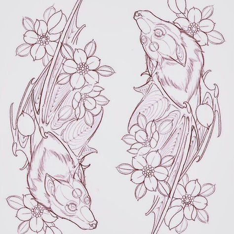 Fruit Bat Drawing Tattoo, Fox Bat Tattoo, Bat And Flower Tattoo, Neotrad Animal Tattoo, Cute Bat Tattoos, Bats Tattoo Ideas, Floral Bat Tattoo, Neotraditional Animal Tattoo, Cute Bat Tattoo Ideas