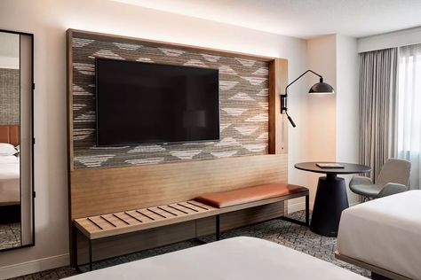 Create an accent wall using our Lamontage® patterns like our Firefly pattern was used here. Lobby Coffee Bar, Hotel Interior Bedroom, Hotel Bedroom Design, Bedroom Tv Wall, Hotel Inspiration, Hotel Room Design, Tv In Bedroom, Hotel Interior Design, Tv Wall Design