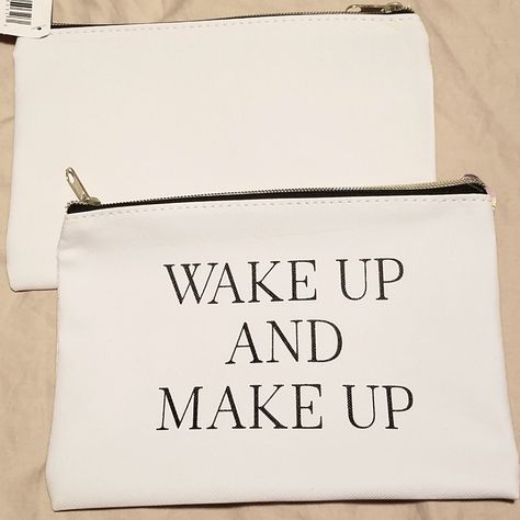 Nwt White Vinyl Zip Makeup Bag "Wake Up And Make Up" In Black Lettering On Front Side Of Pouch. Gold-Toned Zipper For Opening/Closure Easily. Thick, Good Quality Makeup Bag For All Your Necessities! Smooth Finish Exterior. Canvas Makeup Bag Ideas, Cricut Makeup Bag Ideas, Makeup Bag Ideas, Makeup Bag Quote, Bag Sayings, Make Up Color, Funny Makeup Bag, Shiny Makeup, Glowforge Ideas