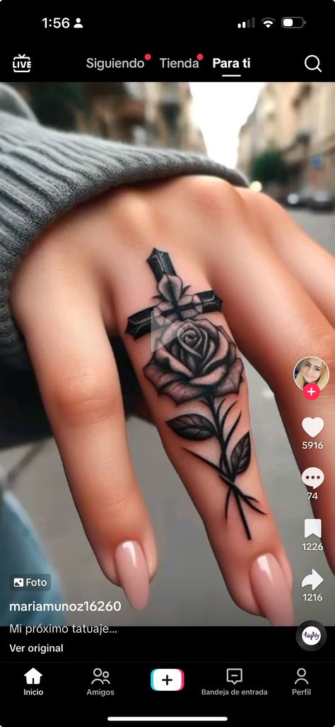 Thigh And Calf Tattoos Women, Womens Finger Tattoos Ideas, Rose And Cross Hand Tattoo, Rose Faith Tattoo, Women Knuckle Tattoo, Coverup Finger Tattoo, Scorpio Hand Tattoos For Women, Cover Up Finger Tattoos For Women, Womans Hand Tattoo