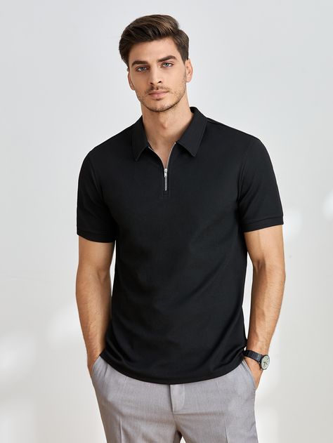 SHEIN Men Quarter Zip Ribbed Knit Polo Shirt Quarter Zip Shirt Outfit Men, Plain T Shirt Outfit Men, Casual Plain Collared Polo Shirt, Black Polo Tshirt Men Outfit, Casual Black Polo Shirt, Plain Polo Shirt For Men, Zip Up Polo Shirt, Knit Polo Men Outfit, Zip Polo Shirt Men