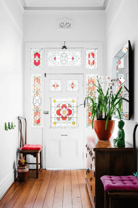 Victorian Entry, Leadlight Windows, Modern Window Treatments, Entry Doors With Glass, Stained Glass Door, Small Entryway, Modern Windows, House Front Design, Curtain Designs