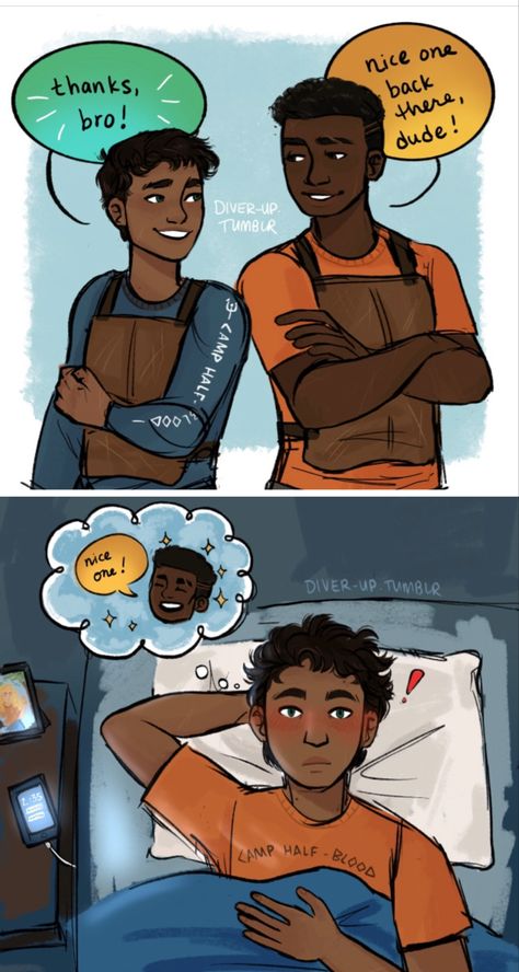 Percy And Beckendorf, Charles Beckendorf Fanart, Beckendorf Percy Jackson, Black Percy Jackson, Charles Beckendorf, Pjo Art, Percy Jackson Comics, Team Leo, Percy Jackson Cast