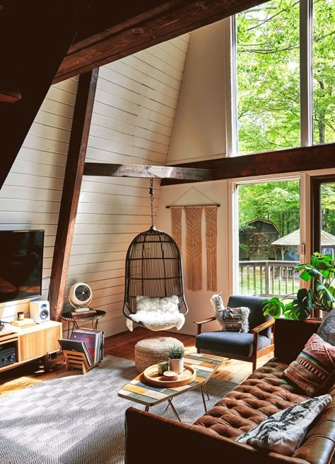 7 Spectacular A-Frame Airbnb Homes You Can Stay In | by Ashlea Halpern | Airbnb Magazine | Medium A Frame Cabin Renovation, A Frame Cabin Living Room, A Frame Home Decor, A Frame Cabin Design, Cabin In The Woods Decor, A Frame Decorating Ideas, A Frame Decor, A Frame Cabin Interior Ideas, Cabin Ideas Interior