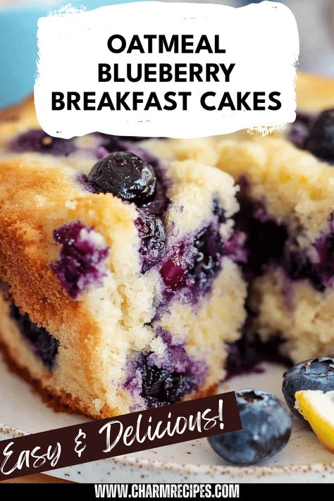 Start your day with these easy and delicious oatmeal blueberry breakfast cakes! Loaded with tender, juicy blueberries, these moist cakes provide a nutritious meal that's perfect for busy mornings. Whether you're rushing to work or looking for a quick snack, these cakes are a great choice, rich in fiber and antioxidants. Each bite is lightly sweetened and filled with wholesome oats, making them an ideal option for breakfast or even a tasty treat. Enjoy your breakfast bliss with these hearty blueberry oatmeal cakes that everyone will love! Healthy Yogurt Oat Blueberry Breakfast Cake, Blueberry Lemon Oatmeal Bake, Healthy Blueberry Breakfast Cake, Frozen Blueberry Breakfast Recipes, Blueberry Oatmeal Cake, High Protein Breakfast Cake, Light Healthy Breakfast Ideas, Breakfast Ideas Blueberries, Easy Warm Breakfast Ideas