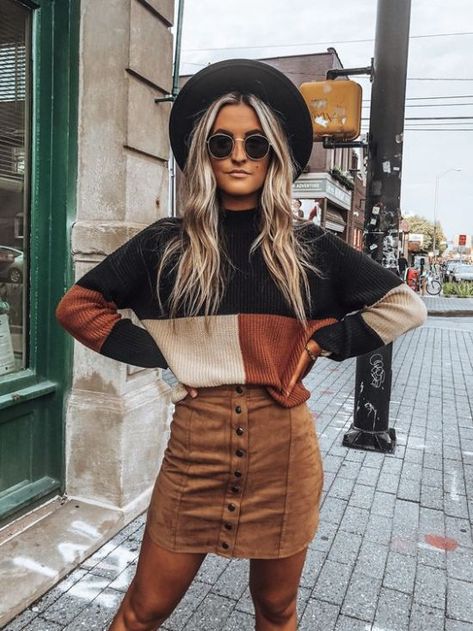 *15 Girly Outfits To Try Out This Fall Outfit Festival, Colorblock Sweater, Brown Skirt, Fall Winter Wardrobe, Fall Inspo, Trendy Fall Outfits, Fall Fits, Autumn Outfits, Trendy Fall