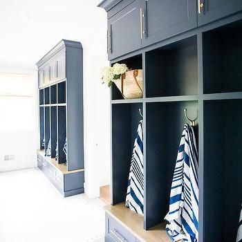 White and Blue Long Mudroom with Gray Herringbone Tile Floor - Transitional - Laundry Room Blue Mudroom, Mudroom Shelves, Blue Beadboard, White Mudroom, Dark Stained Wood Floors, Beadboard Trim, Transitional Laundry Room, Herringbone Tile Floors, Blue Drawers