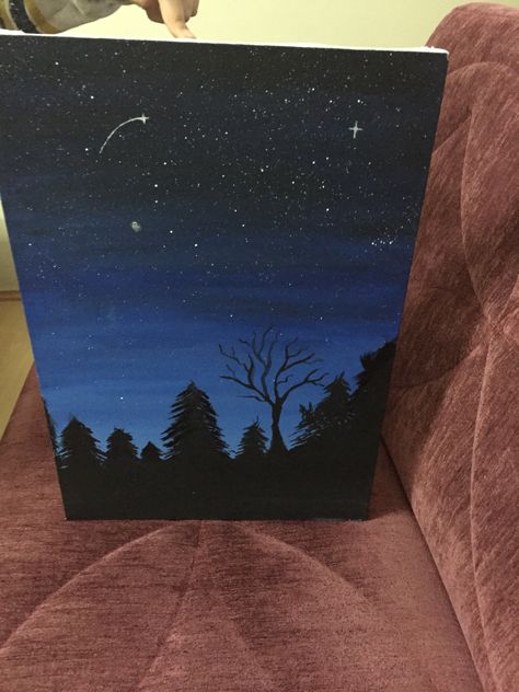 Blue And Black Painting Ideas, Dark Sky Painting Easy, Black And Blue Painting Easy, Painting Ideas Blue Background, Painting Ideas With Black Background, Painting Ideas Black Background, Painting With Blue Background, Stars Painting, Shadow Tree