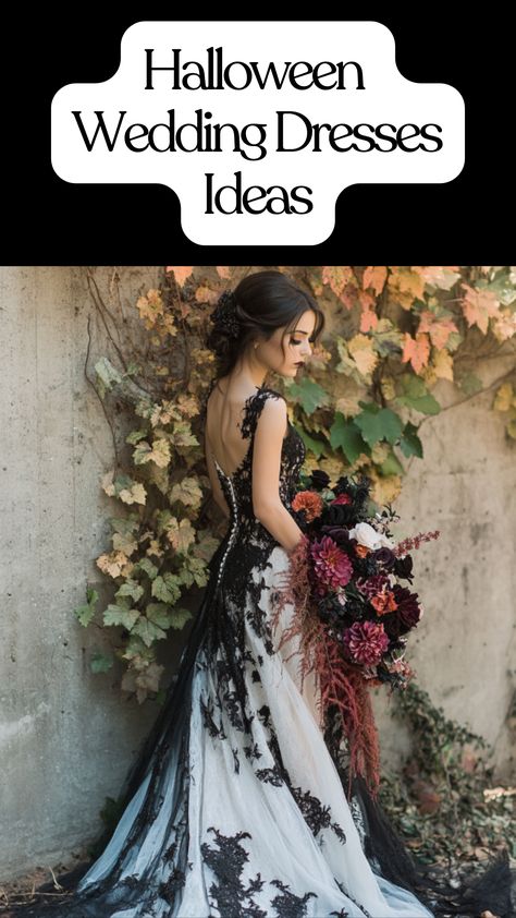 Spooky and romantic Halloween wedding dress featuring dark lace, gothic details, and dramatic silhouettes for an eerie yet elegant bridal look Black Trumpet Wedding Dress, Small Gothic Wedding, Dark Romantic Wedding Dress, Elegant Halloween Wedding, Gothic Details, Romantic Halloween, Halloween Wedding Dresses, Dark Romantic Wedding, Halloween Themed Wedding