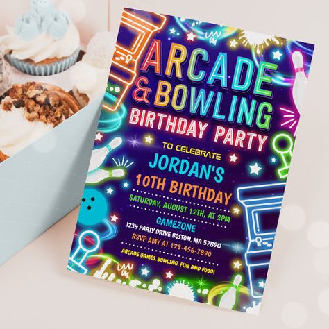 Neon Glow Arcade And Bowling Birthday Party Invitation #zazzle #weddinginvitations #birthdayinvitations #babyshowerinvitations #zazzleinvitations #monogram #businesscards #graduation #homedecor Glow Dance Party, Birthday Party Glow, Arcade Birthday Party, Neon Arcade, Arcade Birthday Parties, Arcade Birthday, Glow Dance, Bowling Birthday Party Invitations, Arcade Party