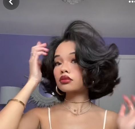 Messy Hair Styles For Short Hair, Black Women Layered Bob, Short Flat Hair Hairstyles, Layered Bob With Bangs Black Women, Perm Styles For Short Hair, Bombshell Curls Short Hair, Cute Really Short Hairstyles, Short Hair And Dress, Short Bombshell Hair