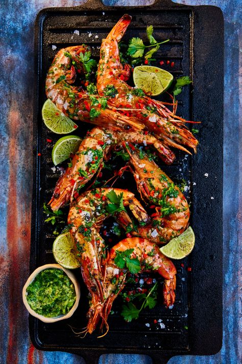 These tiger prawns are tossed in a fiery, zesty sauce before being grilled on the barbeque. Serve with a fresh wedge of lime for a burst of citrus. Tiger Prawn Recipe, Bbq Prawns, Maldon Salt, Tiger Prawns, Bbq Fish, Prawn Dishes, Grilled Prawns, Zesty Sauce, Prawn Recipes