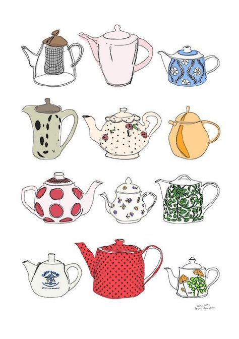 Tea Pot Illustration, Teapot Illustration, Teapot Drawing, Tea Drawing, Teapot Art, Teapot Crafts, Postcard Birthday, Tea Print, Tea Pots Art