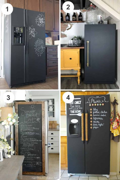 These refrigerator makeovers will STOP you in your tracks! How To Wrap Your Refrigerator, Fridge Wrap Ideas, Covering Refrigerator With Contact Paper, How To Wrap A Refrigerator, Update Refrigerator Fridge Makeover, Painted Refrigerator Ideas, Fridge Cover Ideas Refrigerators, Peel And Stick Refrigerator, Wallpaper Refrigerator Diy