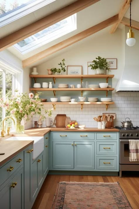 Rustic Colourful Home, Warm Rustic Kitchen, Blue Kitchen Colors, Americana Kitchen Decor, Cottage Kitchen Ideas, Cozy Cottage Kitchen, Square Kitchen, 2024 Kitchen, Cottage Aesthetic