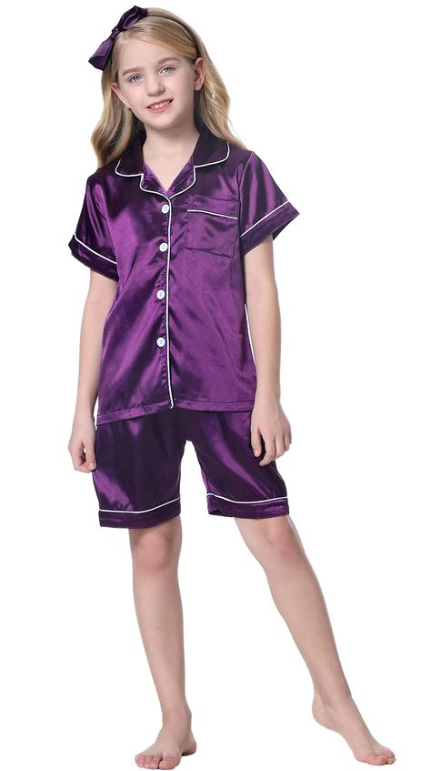 Satin Pajamas Set, Summer Pajama Set, Pjs Set, Kids Plaid, Casual Dresses Plus Size, Silk Nightwear, Satin Sleepwear, Girls Sleepwear, Soft Pajamas