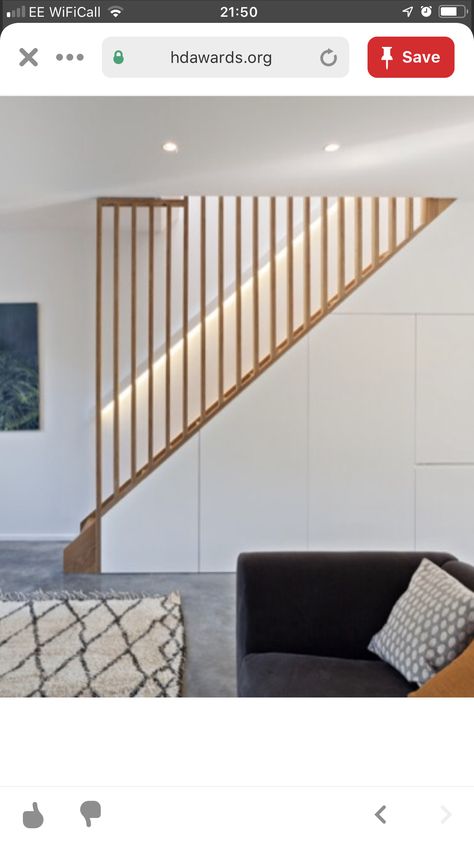 Wood Slats Stair Railing, Wooden Staircase Railing Modern, Wooden Staircase Railing, Minimal Kitchen Design, Modern Stair Railing, Stairs Design Interior, Staircase Storage, Stair Railing Design, Staircase Makeover