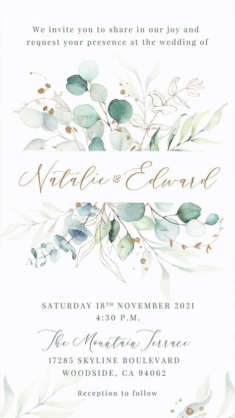 Wedding Video Invitation, Digital Wedding Invitations Design, Digital Wedding Invitations Templates, Electronic Wedding Invitations, Engagement Invitation Cards, Digital Invitations Wedding, Wedding Invitation Video, Wedding Invitation Card Design, Eucalyptus Greenery