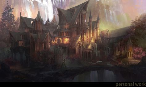 ArtStation - elf city, lim taeyeob Elven Mountain City, High Elven Architecture, Wood Elf City, Fantasy Forest Town, Woodland Castle, Cliff Waterfall, Elven Art, Elf City, Elven City