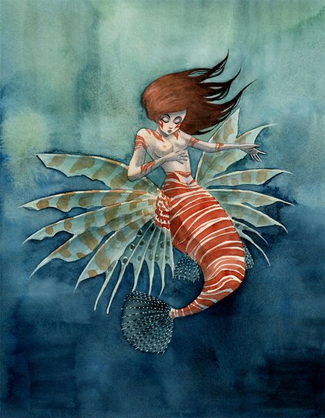 Lionfish Mermaid by reneenault Lionfish Mermaid, Mermaid Reference, Fish Mermaid, Water Spirits, Art Vampire, Mermaid Photography, Dengeki Daisy, Mermaid Images, Watercolor Mermaid