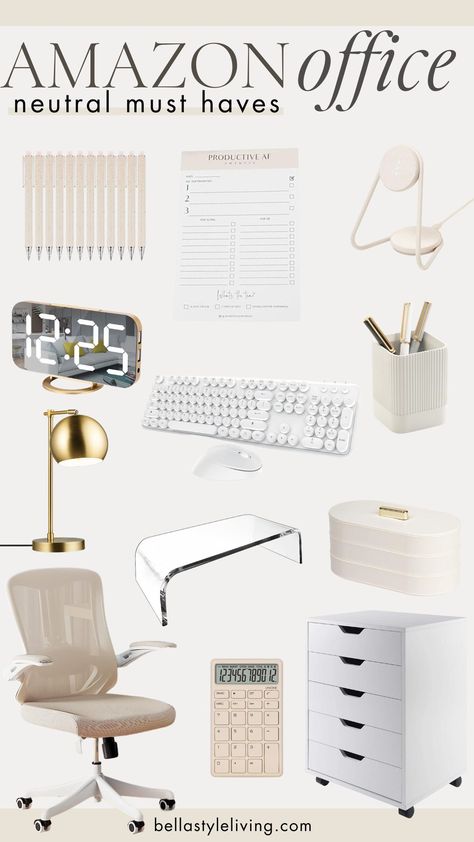 amazon office must haves Home Office Decor Ideas On A Budget, Professional Office Desk Decor, Boho Office Chairs, Home Office Ideas Dual Monitor, White Gold Office Ideas, Work Office Set Up, Cute Office Ideas For Work Professional, Office Must Haves From Amazon, Minimal Home Office Setup