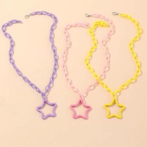 This 80s Style Chain-Linked Star Necklace Is A Fun Addition To Your Wardrobe And Your Style! Great For Costumes, Raves, Festivals, Or Anytime! Absolve In Pink, Yellow, Or Purple While Supplies Last! Kidcore Necklace, Necklaces Shein, Necklaces Kids, Decora Accessories, Jewelry Shein, Kawaii Necklace, Star Decor, Yellow Accessories, Star Charm Necklace