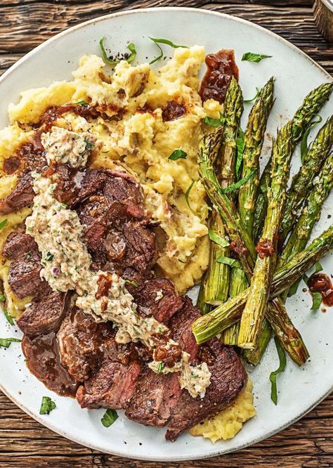 New York Strip Steak with Truffle Butter over Mashed Potatoes and Roasted Asparagus | More easy beef date night recipes on hellofresh.com Steak Dinner Ideas, Ny Steak, New York Strip Steak, Lamb Loin, How To Cook Lamb, Lamb Chop Recipes, New York Strip, Lamb Chop, Hello Fresh Recipes