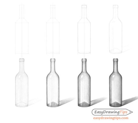 Glass Shading Tutorial, Glass Bottles Drawing, Bottle Drawing Sketch, Plastic Bottle Drawing, Bottle Drawing Easy, Glass Bottle Drawing, Cross Contour Line Drawing, Wine Bottle Drawing, Drawing Bottle