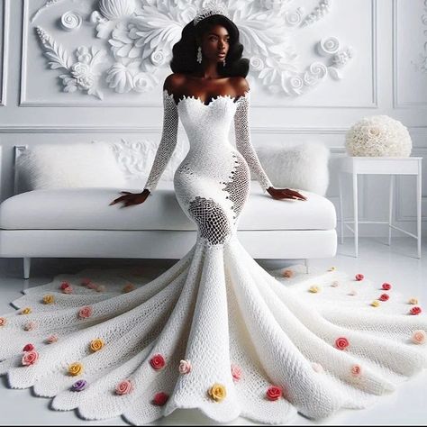 Crochet wedding/reception gown for that daring bride Drop a ❤️ if you like it 📌I don't crochet but I have a very good plug that can deliver 💯 if you want this July registration is open Crochet Ball Gown, Knitted Wedding Dress, Wedding Reception Gowns, Crochet Gown, Crochet Wedding Dress, Crochet Outfits, Crochet Wedding Dresses, 3d Color, Crochet Ball