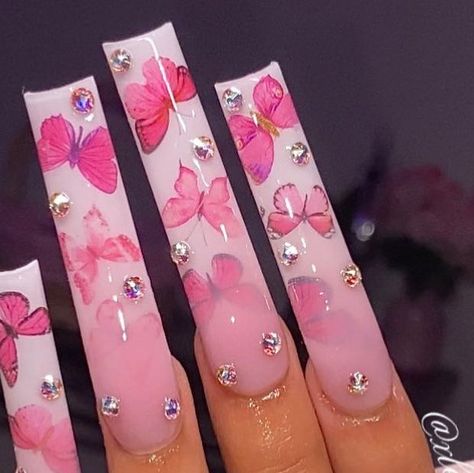 Alexandra Alvarez on Instagram: "DONT play 🤩 - If viewing follow @xle.nails for more ✨ - Products used: @designangels_ (use code 🎀XLE10🎀 for $$ off)  - ‘blush nude’  - ‘ivory’  - ‘clear’  - 80/80 file  - - - - - #nails #nailsnailsnails #nailsdesign #nailsofinstagram #naildesigns #nailart #nailinspo #longnails #taperedsquarenails #ombrenails #explorepage✨ #sanantonio #pinknails #butterfly #butterflynails #springnails #summernails" Butterfly Ombre Nails, Ombre Butterfly Nails, Spring Butterfly Nails, Butterfly Acrylic Nails, Pink Butterfly Nails, Butterflies Nails, Pink Acrylic Nail Designs, File Nails, Dont Play