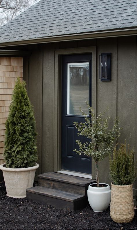 Exterior Planters Curb Appeal, Sw Muddled Basil Exterior, Sw Muddled Basil, Muddled Basil Exterior, Green Cabin Exterior, Siding House Exterior, Back Door Design, Urban Bronze Exterior House, Dark Green Exterior House