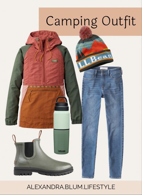 Outdoors outfit! Hiking outfit! Camping outfit! Casual outfit! L.L.Bean outfit! Wind breaker jacket! Rain boots! Beanie #LTKtravel #LTKshoecrush #ltkunder100 L L Bean Boots Outfits, Llbean Outfit, Bean Boots Outfit, Anorak Jacket Outfit, Aspen Trip, Outfit Camping, Camping Outfit, Rain Boot Outfit, Chelsea Boots Outfit