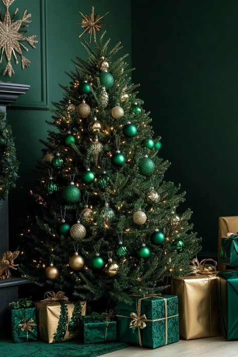 Christmas Tree Ideas Emerald Green, All Green Christmas Tree, Christmas Tree Green Decorations, Emerald Green And Gold Christmas Tree, Green Decorated Christmas Tree, Green And Gold Tree, Green And Gold Christmas Tree, Green And Gold Christmas, Green Christmas Tree Decorations