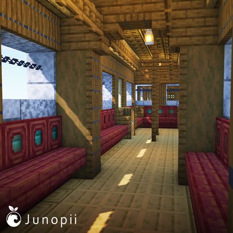 Minecraft build of a turquoise colored Japanese retro train car in the middle of the ocean. Minecraft Train Station Underground, Minecraft Train Tracks Ideas, Minecraft Japanese Train Station, Tokyo Minecraft, Minecraft Train Bridge, Minecraft Alleyway, Small Train Station Minecraft, Minecraft Train Station Building, Minecraft Minecart Station