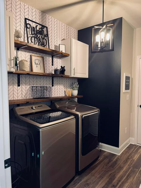 Laundry Room Ideas Black Washer, Laundry Room With Black Washer And Dryer, Single Wide Trailer Remodel, Laundry Closet Makeover, Laundry Room Inspo, Laundry Room Redo, Laundry Utility Room, White Laundry Rooms, Small Laundry Room Makeover