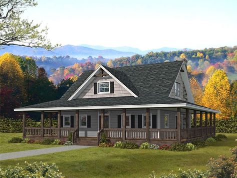 012H-0315: Two-Story Country House Plan Farmhouse With Wrap Around Porch, House Wrap Around Porch, House With Wrap Around Porch, Small Home Plan, Porch House Plans, Cabin Floor, Duplex House Plans, Farmhouse Style House Plans, Country House Plan