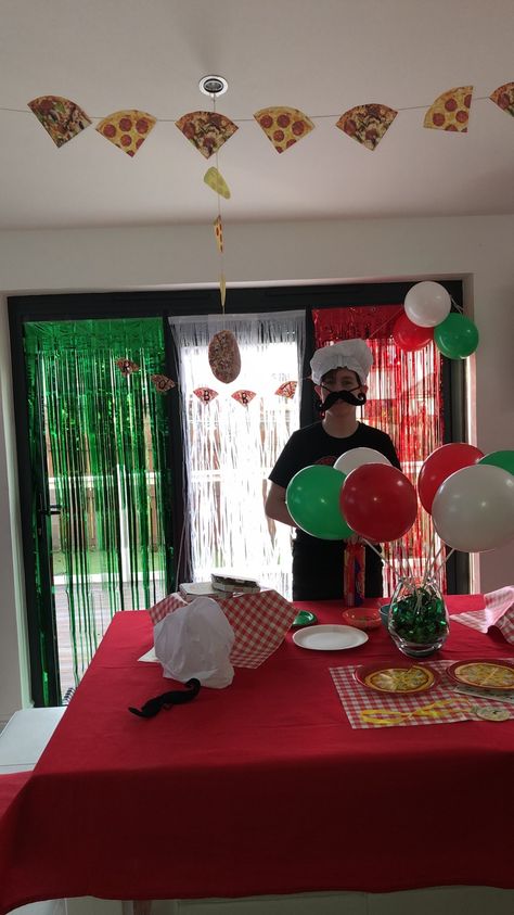 Pizzaria Themed Party, Italian Party Decorations Diy, Pizza Parlor Birthday Party, Italy Themed Birthday Party Decorations, Pizzeria Themed Birthday Party, Diy Pizza Party Decorations, Italy Party Decor, Italian Birthday Party Ideas Decorations, Italian Decorations Party