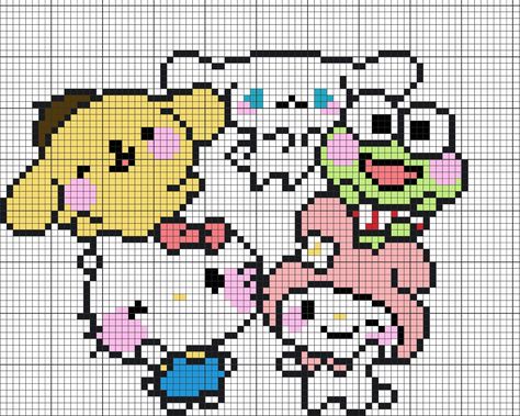 Hello Kitty And Friends Cross Stitch, Hello Kitty Characters Pixel Art, Cross Stitch Patterns Sanrio, Cinnamoroll Grid Pattern, Sanrio Grid Art, Embordy Ideas, Hello Kitty Grid Pattern, Sanrio Cross Stitch Pattern, Pixel Art Pattern Disney