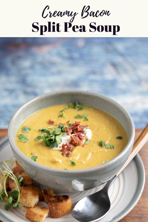 This easy recipe features garden-fresh vegetables, thyme and dried split peas, and requires less than 30 minutes of hands-on prep time. Creamy Split Pea Soup, Creamy Pea Soup, Bacon Soup Recipes, Pea Snacks, Peameal Bacon, Follicular Phase, Creamy Peas, Split Pea Soup Recipe, Split Peas