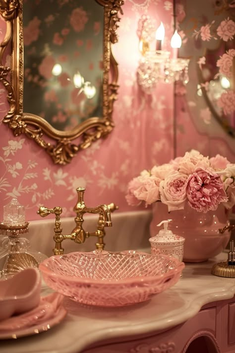 Pink Rose Bedroom Ideas, Feminine Bathrooms, Rococo Bathroom, Girly Apartment Ideas, Glam Bathroom Decor, Feminine Bathroom, Girly House, Feminine Home Decor, Girly Apartments