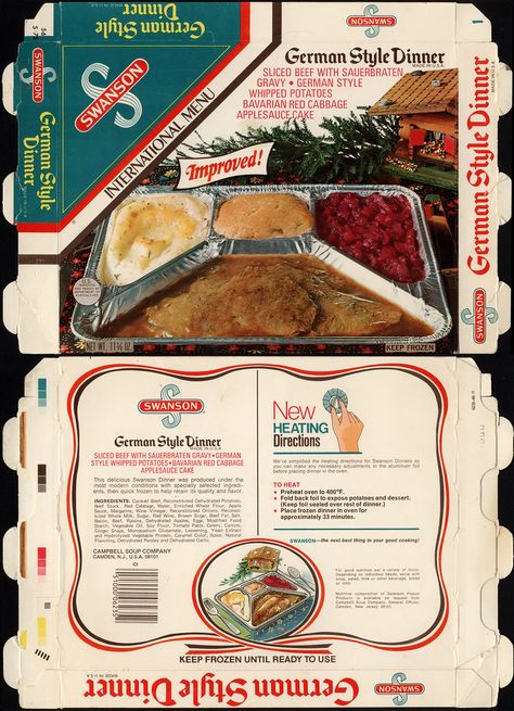 Swanson Tv Dinner, German Dinner, 90s Food, Grocery Store Items, Whipped Potatoes, Dinner Box, Vintage Advertising Art, Applesauce Cake, German Style