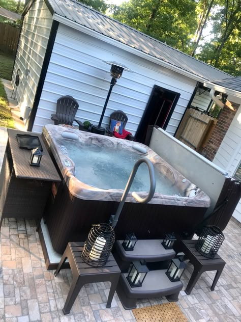 Decorating Hot Tub Area, Hot Tube Diy Ideas, Hot Tub Area Decor, Hot Tub Concrete Pad Ideas, American Whirlpool Hot Tub, Hot Tub Area Decorating Ideas, Hot Tub Leveling Ideas, Hot Tub Concrete Patio, Small Space Hot Tub Ideas