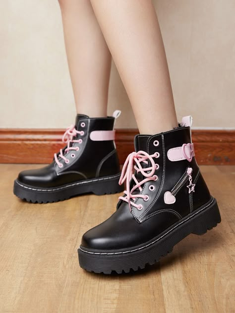 Kpop Boots, Pastel Aesthetic Fashion, Kawaii Boots, Heart Boots, Kawaii Heart, Shein Shoes, Star Decor, Casual Ankle Boots, Lace Up Combat Boots