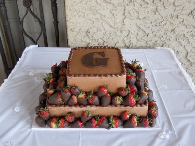 Two tier chocolate grooms cake with strawberries. By dacakeldy on CakeCentral.com Chocolate Grooms Cake With Strawberries, Strawberry Grooms Cake Ideas, Square Grooms Cake, Grooms Cakes Ideas, Strawberry Grooms Cake, Grooms Cake Ideas, Chocolate Grooms Cake, Grooms Cake Tables, Groomsman Cake