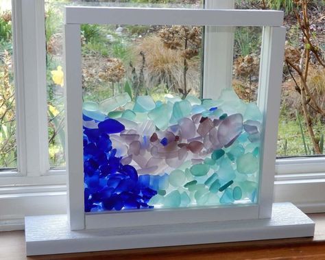 Sea Glass Upright Window Display Sea Glass Display, Sea Glass Candle Holder, Sea Glass Window Art, Sea Glass Window, Sea Glass Diy, Sea Glass Art Projects, Glass Window Art, Beach Glass Art, Glass Art Projects