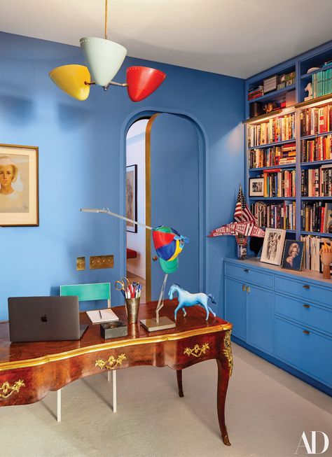 pThe walls of the cloffice are painted in a hrefhttpus.farrowball.comFarrow amp Ballas Cooks Blue. Vintage Stilnovo... Studio In Casa, Ad Architectural Digest, Upper East Side Apartment, Manhattan Apartment, Nate Berkus, White Carpet, Farrow And Ball, Bette Davis, Hidden Door