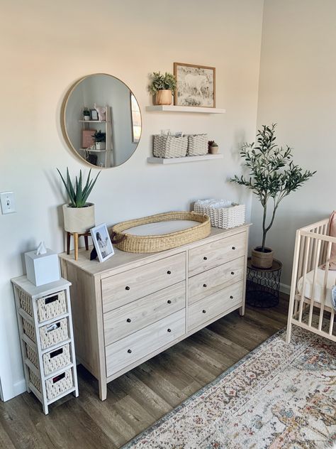 Gender Neutral Nursery Simple, Apartment Friendly Nursery Ideas, Baby Nursery In Master Room, Nursery Gender Neutral Themes, Floating Shelves In Nursery, Nursery Room Set Up, Baby Drawers Ideas, Baby And Parents Room Shared, Nursery In Master Room Ideas