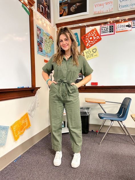 Jumpsuit Outfit Teacher, Teacher Jumpsuit Outfit, Practicum Outfit, Jumpsuit With Sneakers, Professor Outfits, Kindergarten Teacher Outfits, Jumpsuit Shoes, Modest Pants, Target Jumpsuit