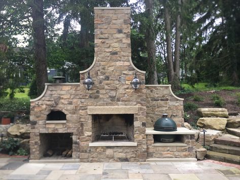 Outdoor Fireplace With Green Egg, Outdoor Fireplace With Pizza Oven Plans, Outdoor Fireplace Unique, Big Outdoor Fireplace, Outdoor Fireplace With Pizza Oven Patio, Outdoor Fireplace And Pizza Oven Combo, Outdoor Fireplace And Grill Combo, Outdoor Chimney Ideas, Stone Grill Outdoor