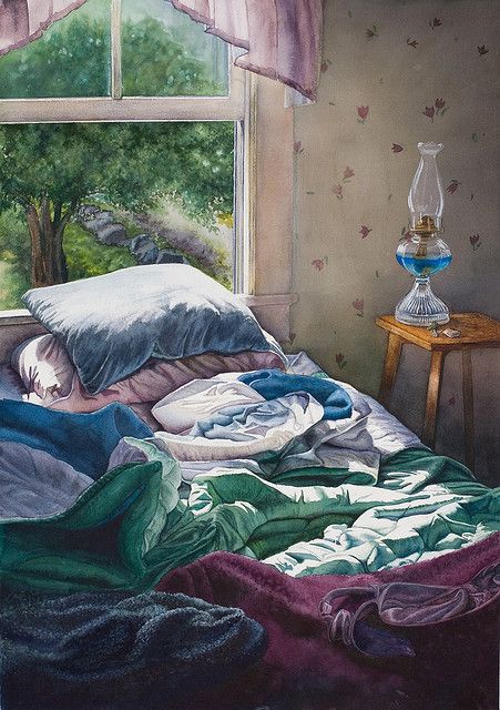 watercolor painting of unmade bed - did you see the bra? - Monhegan Morning | Flickr - Photo Sharing! Beautiful Doodles, Street Bedroom, Messy Bed, Monhegan Island, Interior Paintings, Ap Studio Art, Cottage Art, Sense Of Place, Open Window